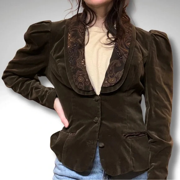 VTG Scott McClintock Velvet Victorian Revival Puff Sleeve Blazer Paisley Trim S - Picture 8 of 8